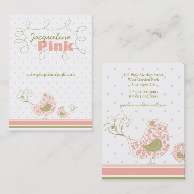 Pink Swirly Whimsical Damask Mummy And Baby Bird Business Card (Front/Back)