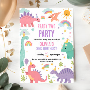 Pink T-Rex 2nd Birthday Party Invitation
