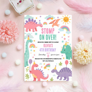 Pink T-Rex Dinosaur 5th Birthday Invitation