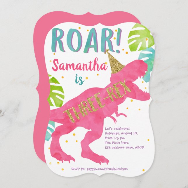 Pink, T-rex, Dinosaur, Girl, 3rd Birthday Invitation (Front/Back)