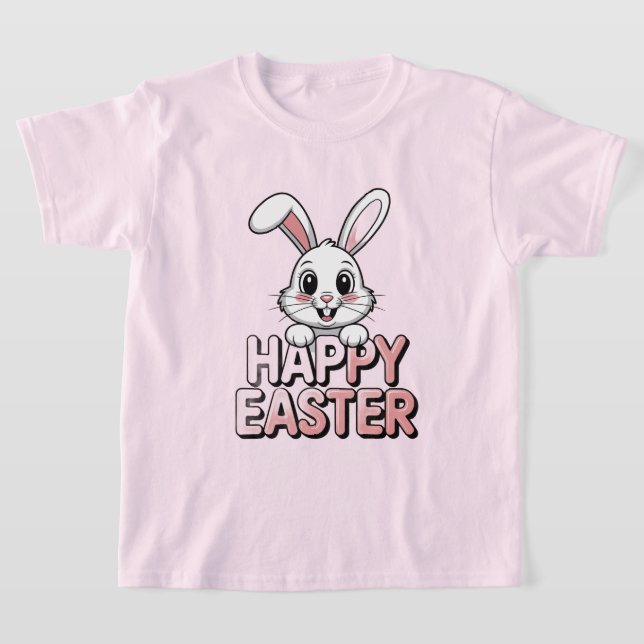 Pink T-Shirt Happy Easter White Bunny (Laydown)