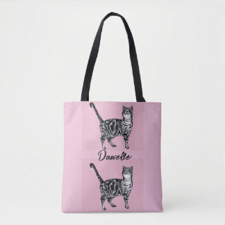 Pink Tabby Cat Cats Pet Art Christmas Stocking Tote Bag