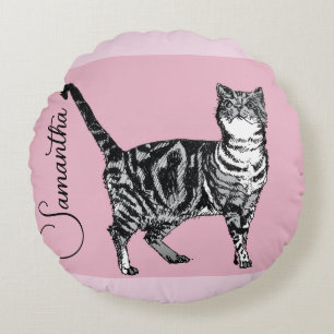 Pink Tabby Cat Cats Pink Girls Name Nursery Round Cushion
