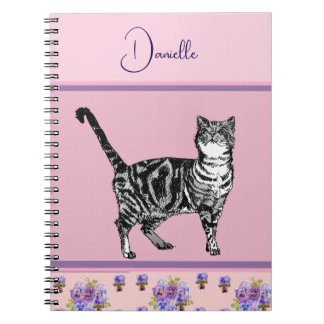 Pink Tabby Cat Cats Watercolor Customizable Girls Notebook