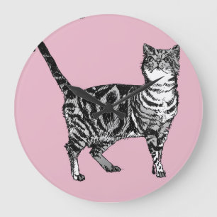 Pink Tabby Cat Watercolor Painting Art Wall Clock