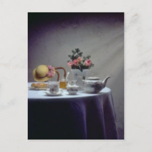 Pink Table set with tea and crumpet flowers Postcard
