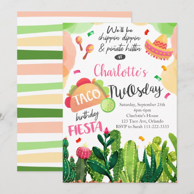 Pink Taco Twosday Girls Birthday Fiesta Invite (Front/Back)