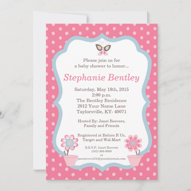 Pink Taffy Butterfly  5x7 Invitation (Front)