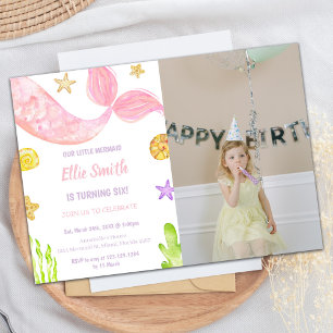 Pink Tail Mermaid Birthday Invitations with photo