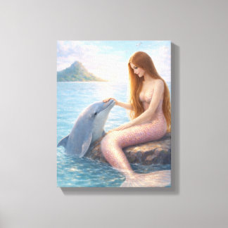 Pink Tail Mermaid & Dolphin Canvas Print