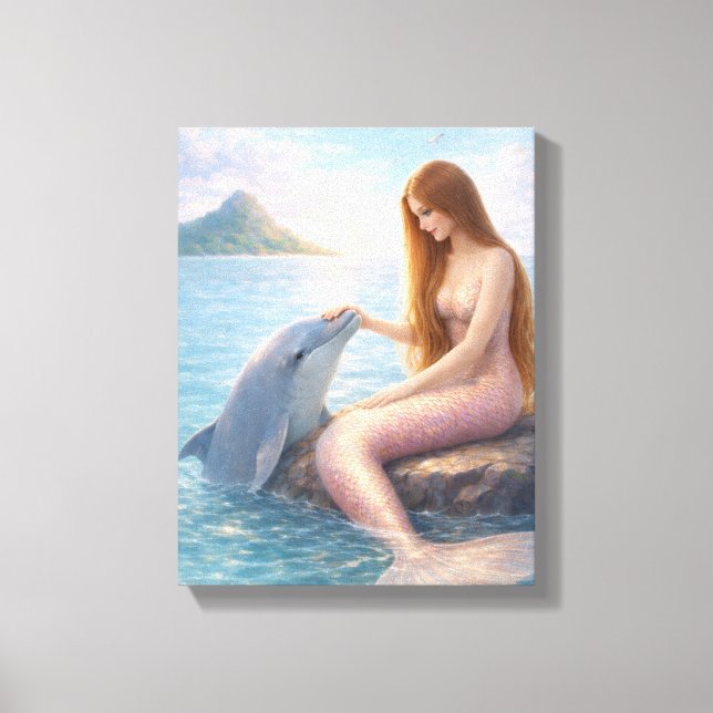 Pink Tail Mermaid & Dolphin Canvas Print (Front)