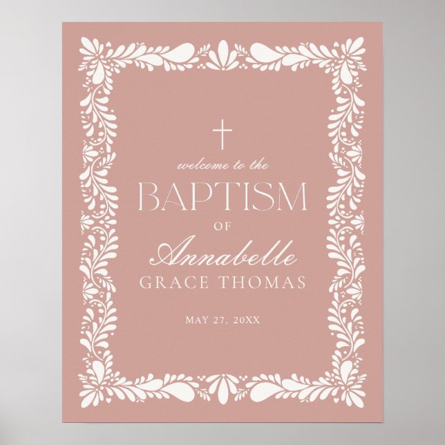 Pink Talavera Tile Spanish Fiesta Baptism Welcome Poster (Front)