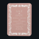 Pink Talavera Tile Spanish Fiesta Save the Date Magnet<br><div class="desc">Everyone loves a fiesta! This collection is a stunning blend of elegance and cultural heritage, inspired by the traditional Mexican Clay Talavera tile patterns. The earthy dusty pink Terracotta floral border exudes sophistication and a touch of festive charm, making it perfect for your Spanish or Mexican inspired celebration. Whether you're...</div>