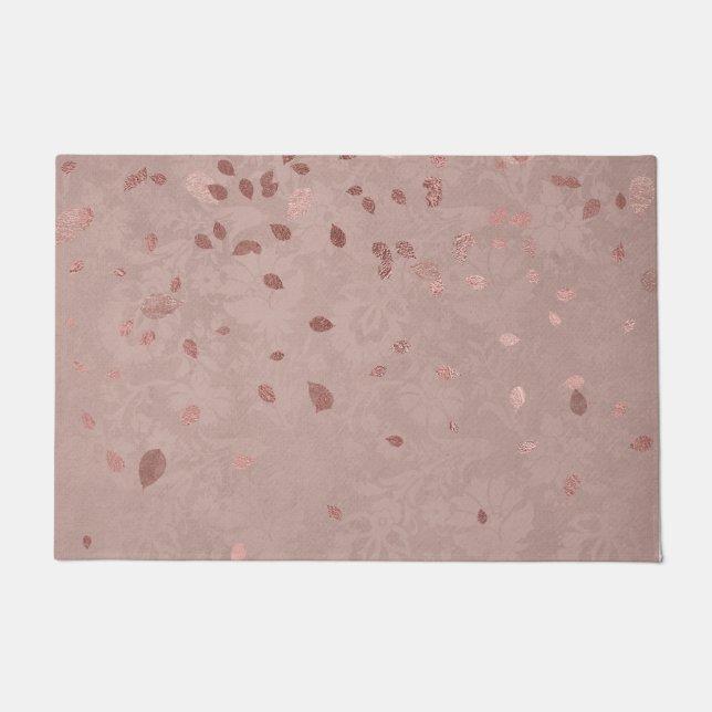 Pink Tan Brown Shiny Gold Elegant Random Leaves Doormat (Front)