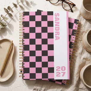 Pink Tan Chequered Custom Name Year 2027 Spiral  Planner