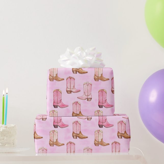 Pink Tan Cowgirl Boots Birthday Wrapping Paper (Party Gifts)