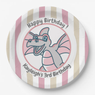 Pink Tan Stripes with a Pink Dragon Dino Birthday Paper Plate