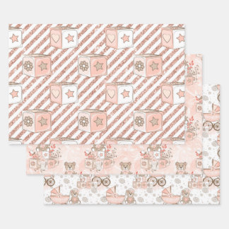 PINK & TAN WATERCOLOR BABY GIRL BLOCKS BEARS WRAPPING PAPER SHEET