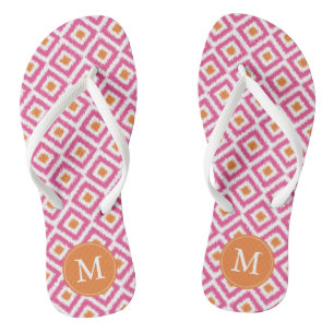 Pink Tangerine Ikat Pattern Monogrammed Jandals
