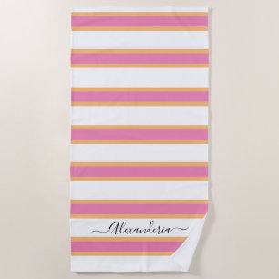 Pink Tangerine White Modern Preppy Stripes  Beach Beach Towel