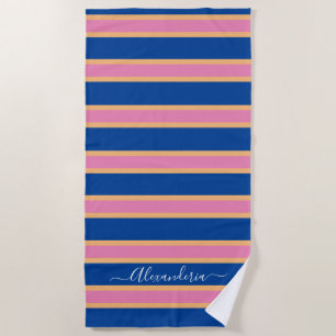 Pink Tangerine White Modern Preppy Stripes Beach Towel