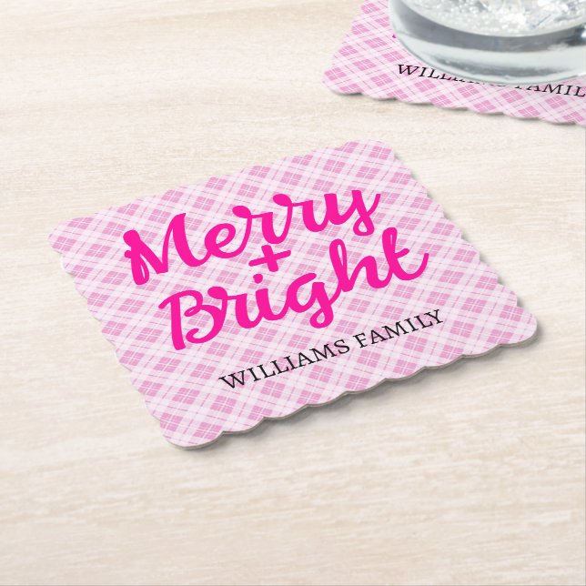 Pink tartan Christmas Merry Bright Family name Paper Coaster (Angled)