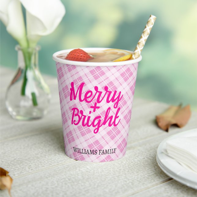 Pink tartan Christmas Merry Bright Family name Paper Cups (Insitu)