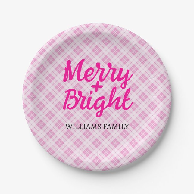 Pink tartan Christmas Merry Bright Family name Paper Plate (Front)