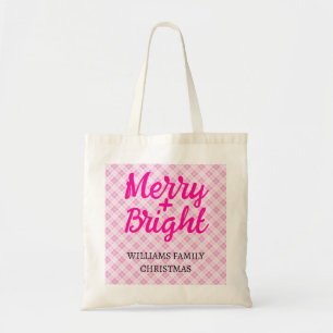 Pink tartan Christmas Merry Bright Family name Tote Bag