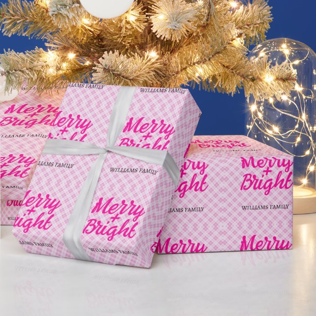 Pink tartan Christmas Merry Bright Family name Wrapping Paper (Holidays)