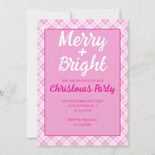 Pink tartan Christmas Party holidays Merry Bright Invitation (Front)