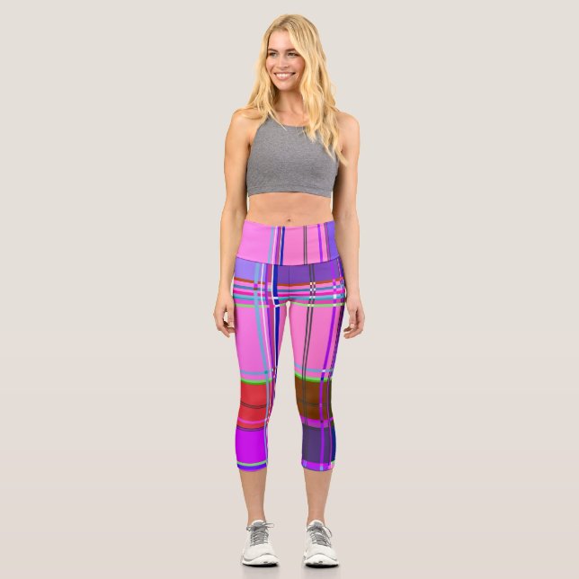 Pink tartan Fabric Pattern Cloth Madras Capri Leggings (Front)