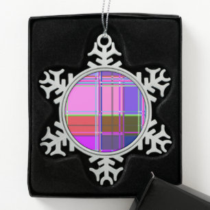 Pink tartan Fabric Pattern Cloth Madras Snowflake Pewter Christmas Ornament