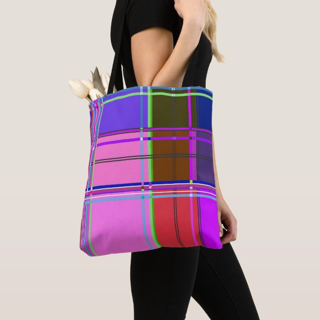 Pink tartan Fabric Pattern Cloth Madras Tote Bag (Close Up)