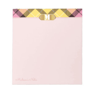 Pink Tartan Golden Script Name Monogram Apricot Notepad