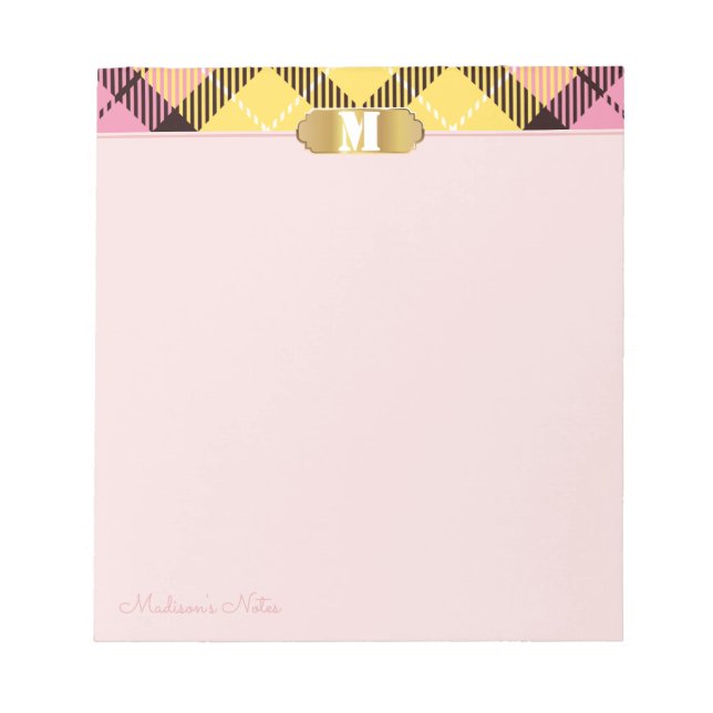 Pink Tartan Golden Script Name Monogram Apricot Notepad (Front)