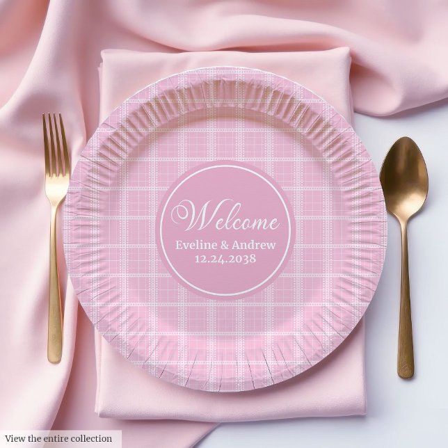 Pink Tartan Paper Plates Modern Monogram Wedding (Pink Tartan Paper Plates Modern Monogram Wedding)