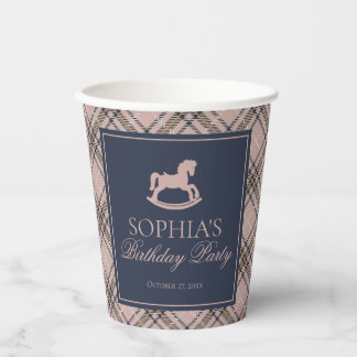 Pink Tartan Plaid Classic Rocking Horse Birthday Paper Cups