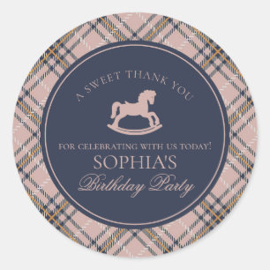 Pink Tartan Plaid Rocking Horse Birthday Favor Classic Round Sticker