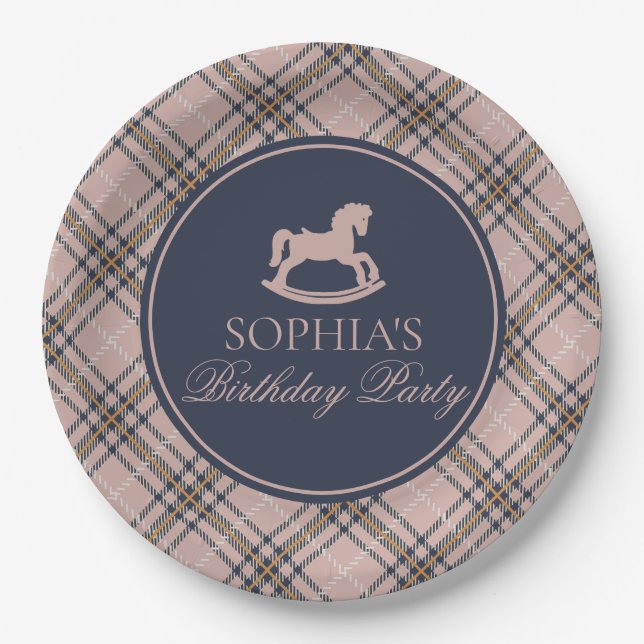 Pink Tartan Plaid Rocking Horse Birthday Party Paper Plate (Front)