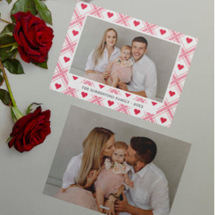Pink Tartan Red Heart 2 photo family valentine  Holiday Card