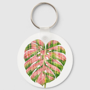 Pink Tartan Scottish Monstera Watercolour Botanic Key Ring