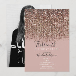 Pink Taupe Bronze Gold Glam Birthday Party Photo Invitation