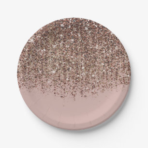 Pink Taupe Bronze Gold Glitter Glam Party Paper Plate