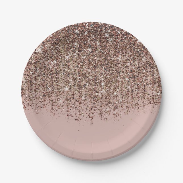 Pink Taupe Bronze Gold Glitter Glam Party Paper Plate (Front)