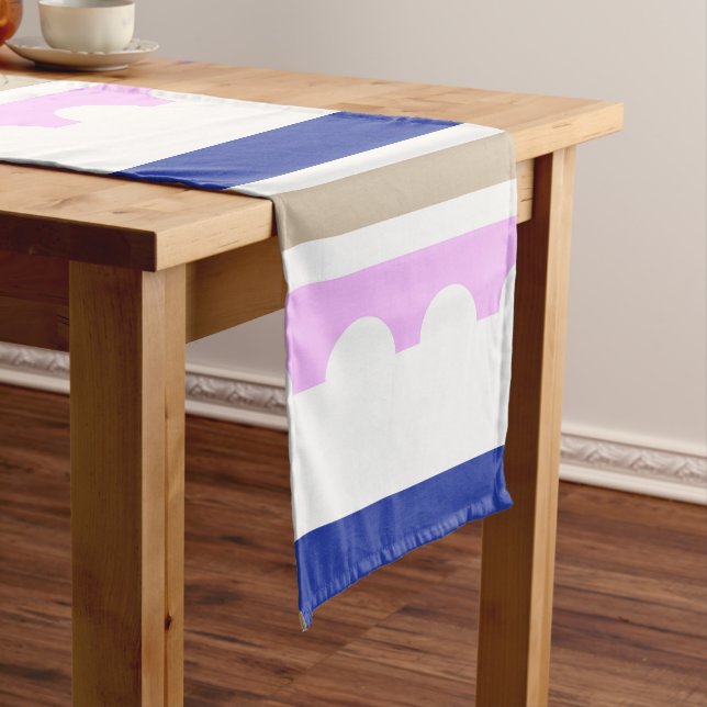 Pink Taupe White Blue Stripe Scallop Pattern print Short Table Runner (In Situ)