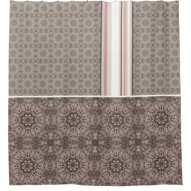 Pink Taupe White Gothic Tile and Stripe Shower Curtain (Front)