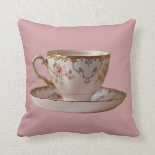 Pink Tea Cup and Saucer with Roses Pillow