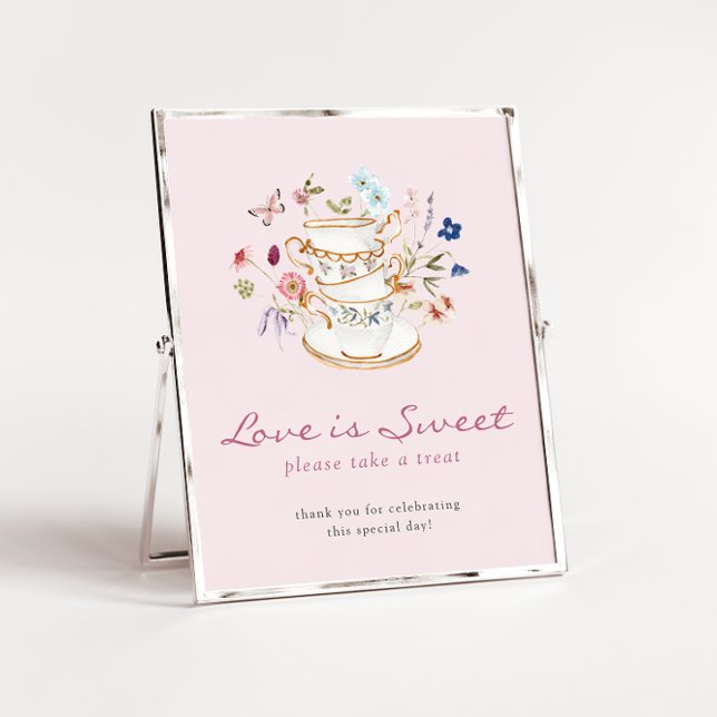 Pink Tea Love Is Sweet Poster (Elegant Floral Pink Tea Cup Love Is Sweet Poster with Butterfly by Painted Paperie
)