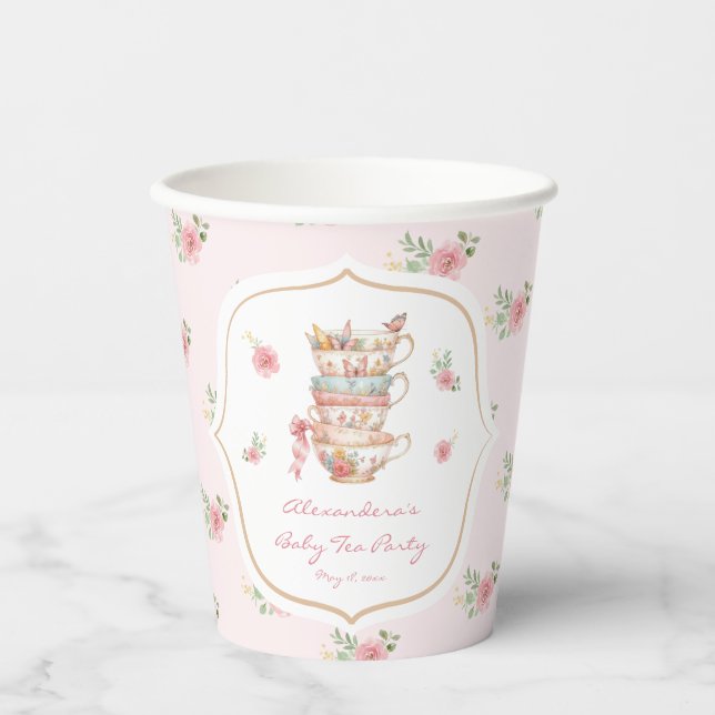 Pink Tea Party Baby Shower Paper Cups (Front)